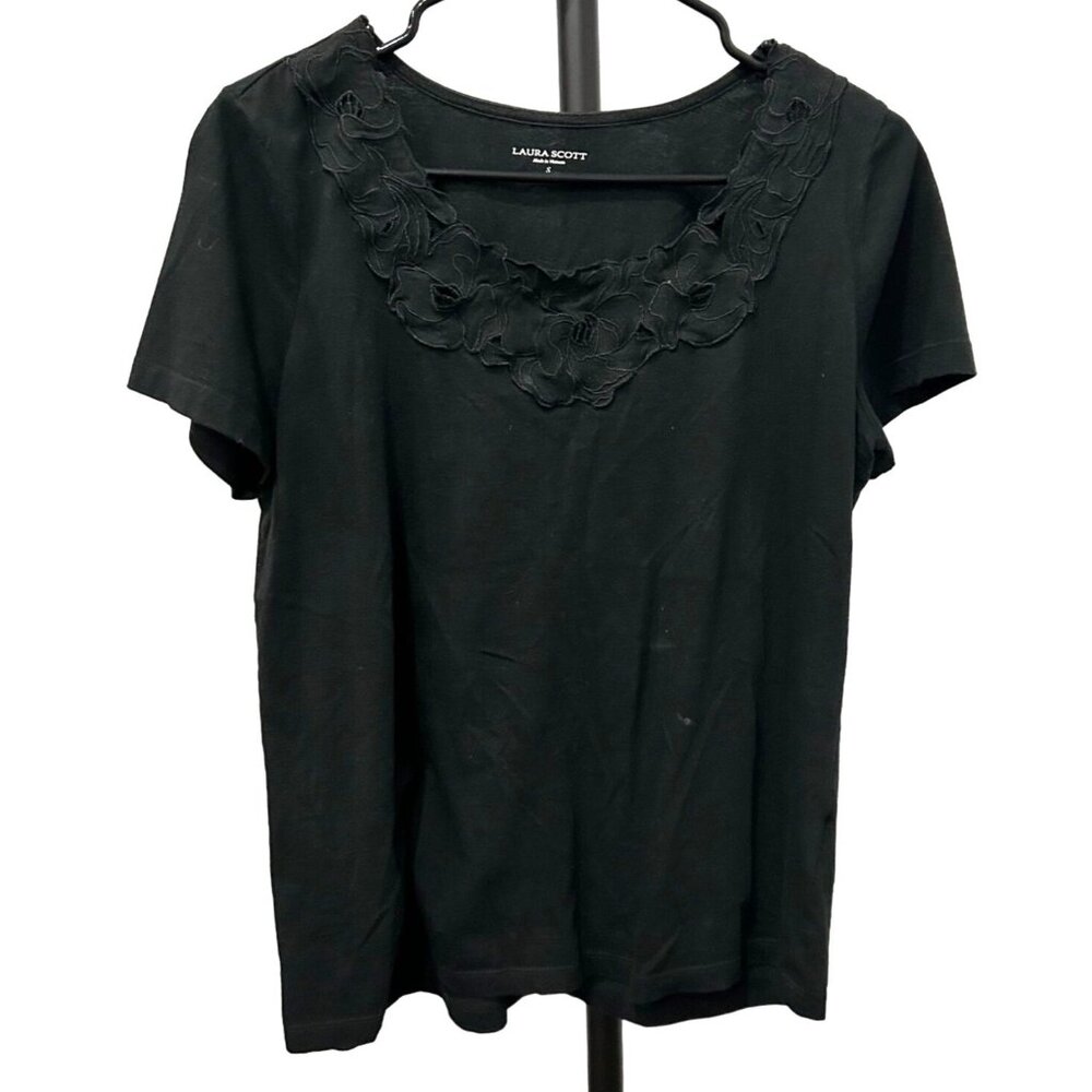 Laura Scott Womens Black Floral Appliqué Short Sleeve Top Size S
